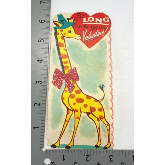 Valentines Day Vintage Greeting Card Giraffe Anthropomorphic Bow Hat 40s - Picture 3 of 6